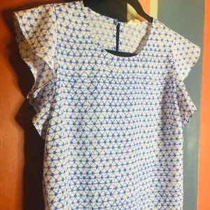 Maison Jules Blue and White Ruffle Sleeve Blouse